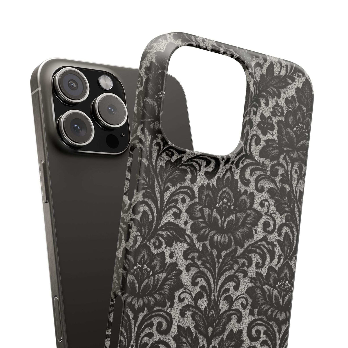 Black damask floral phone case with camera opening and gray ornamental print