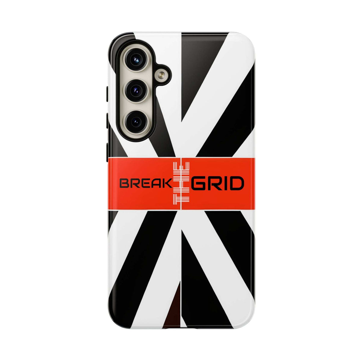 Phone case with black-and-white diagonal stripes and orange BREAK GRID band, front view