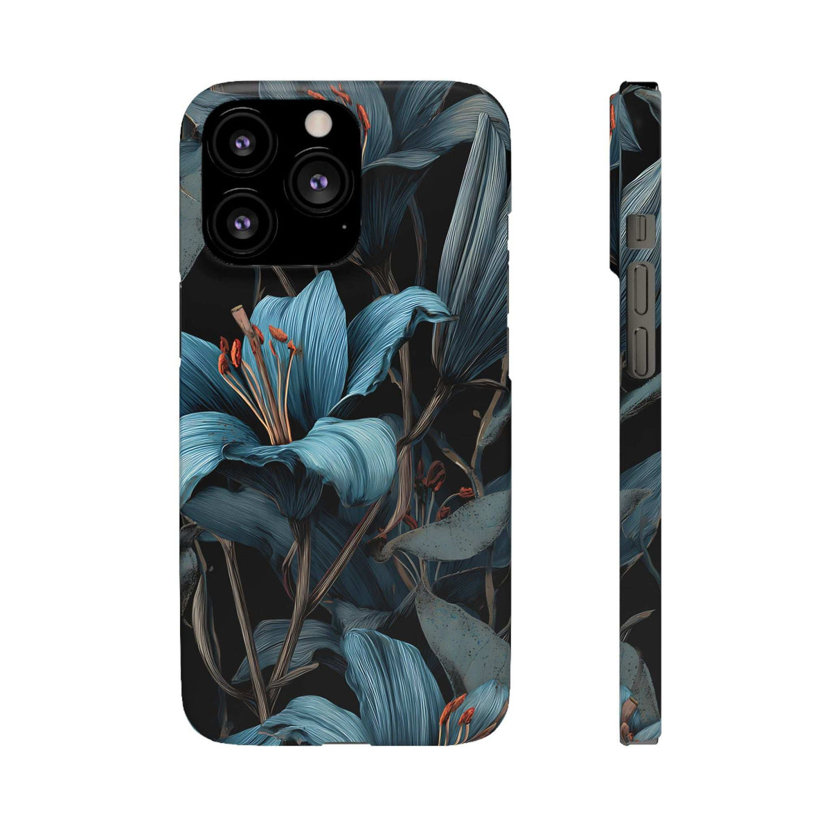 Phone case back view with blue floral leaves on dark base and raised camera module