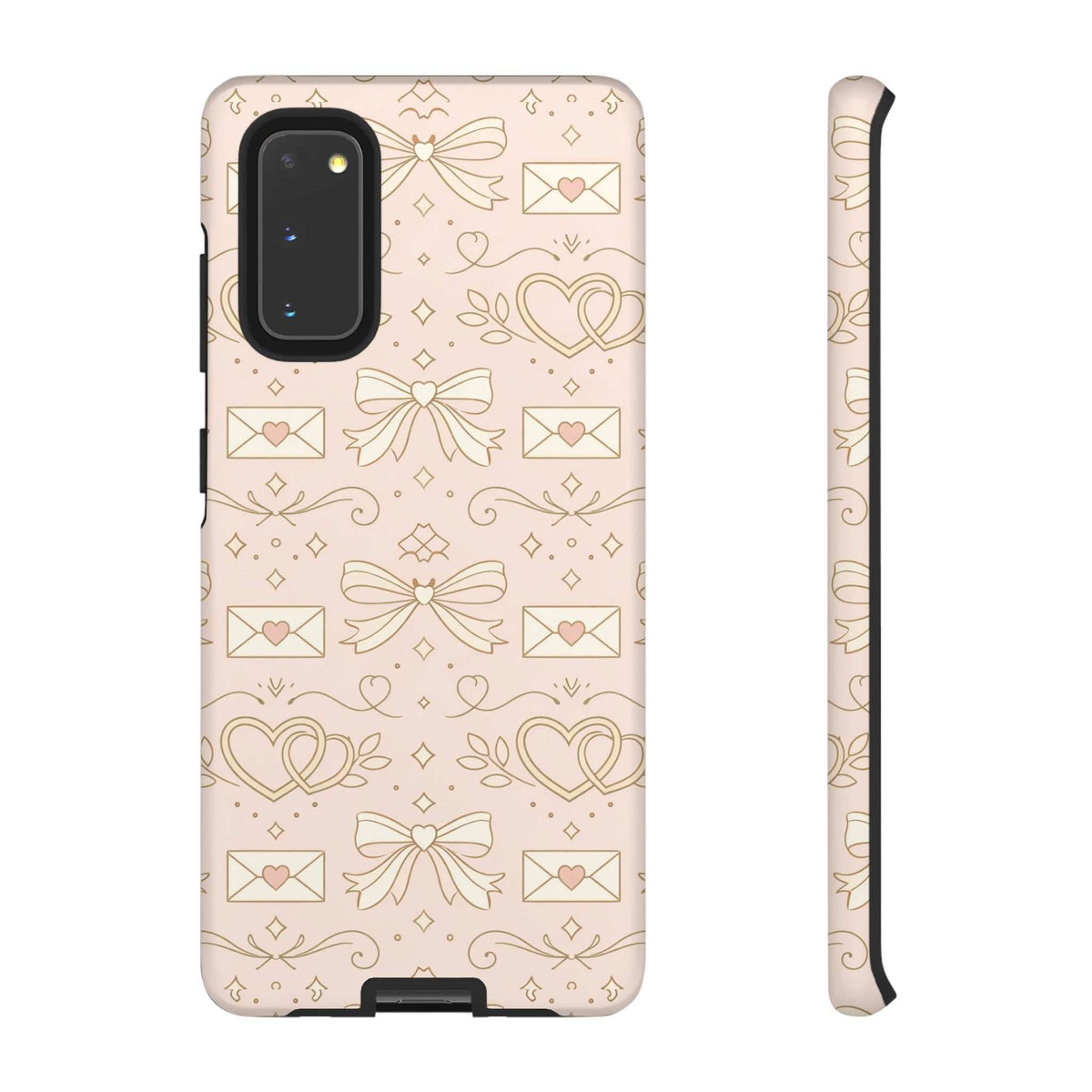 Pink hard phone case with gold heart and bow pattern; front camera cutout and slim side