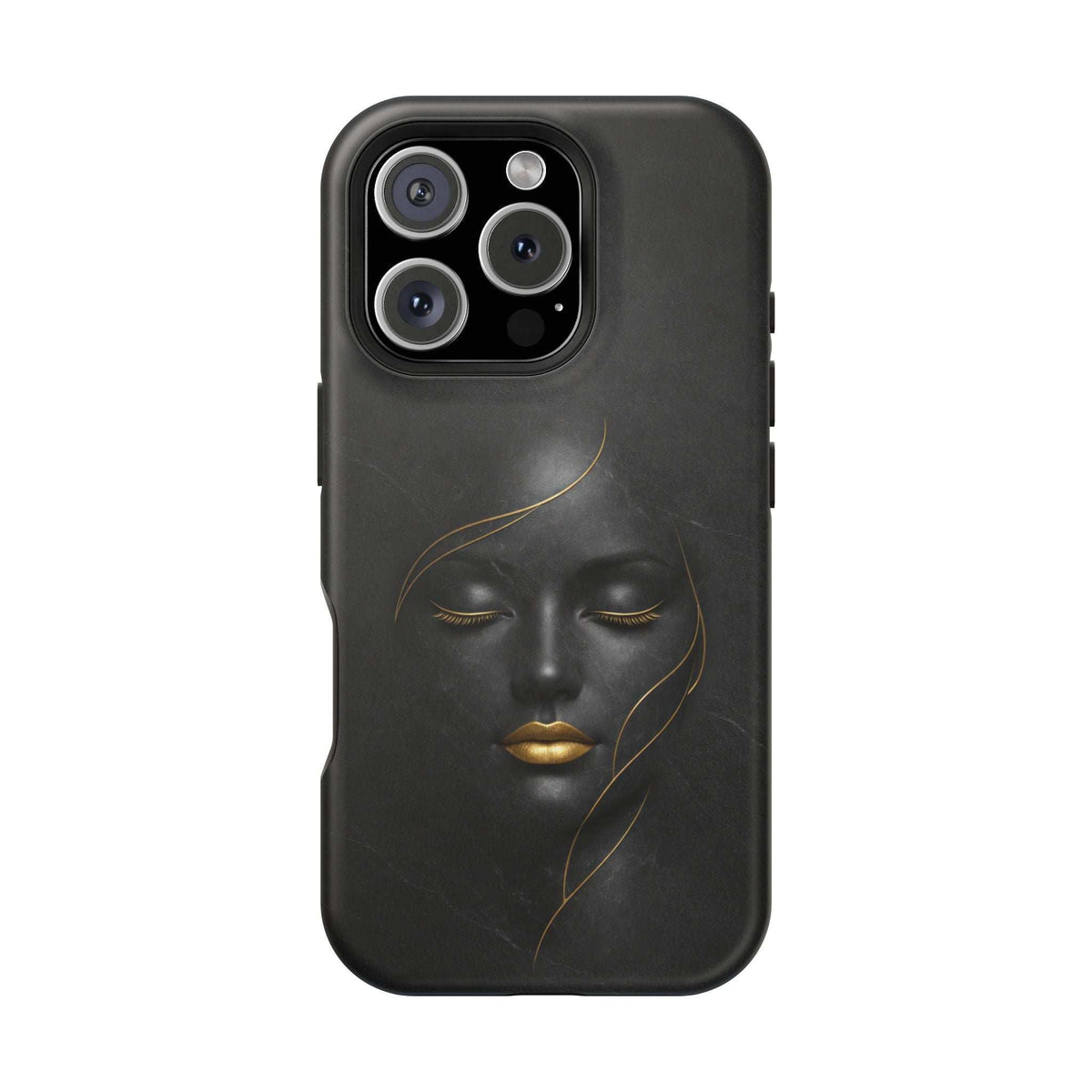 Black smartphone case featuring gold face illustration with camera and flash openings