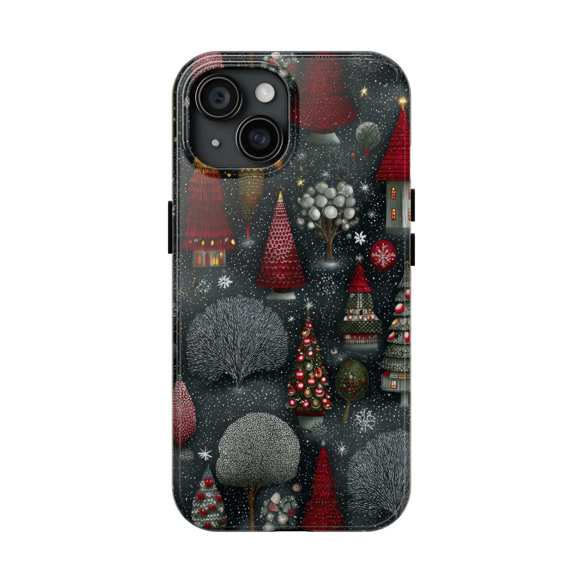 Frosted phone case with dark snowy holiday scene, red Christmas trees, and ornament balls