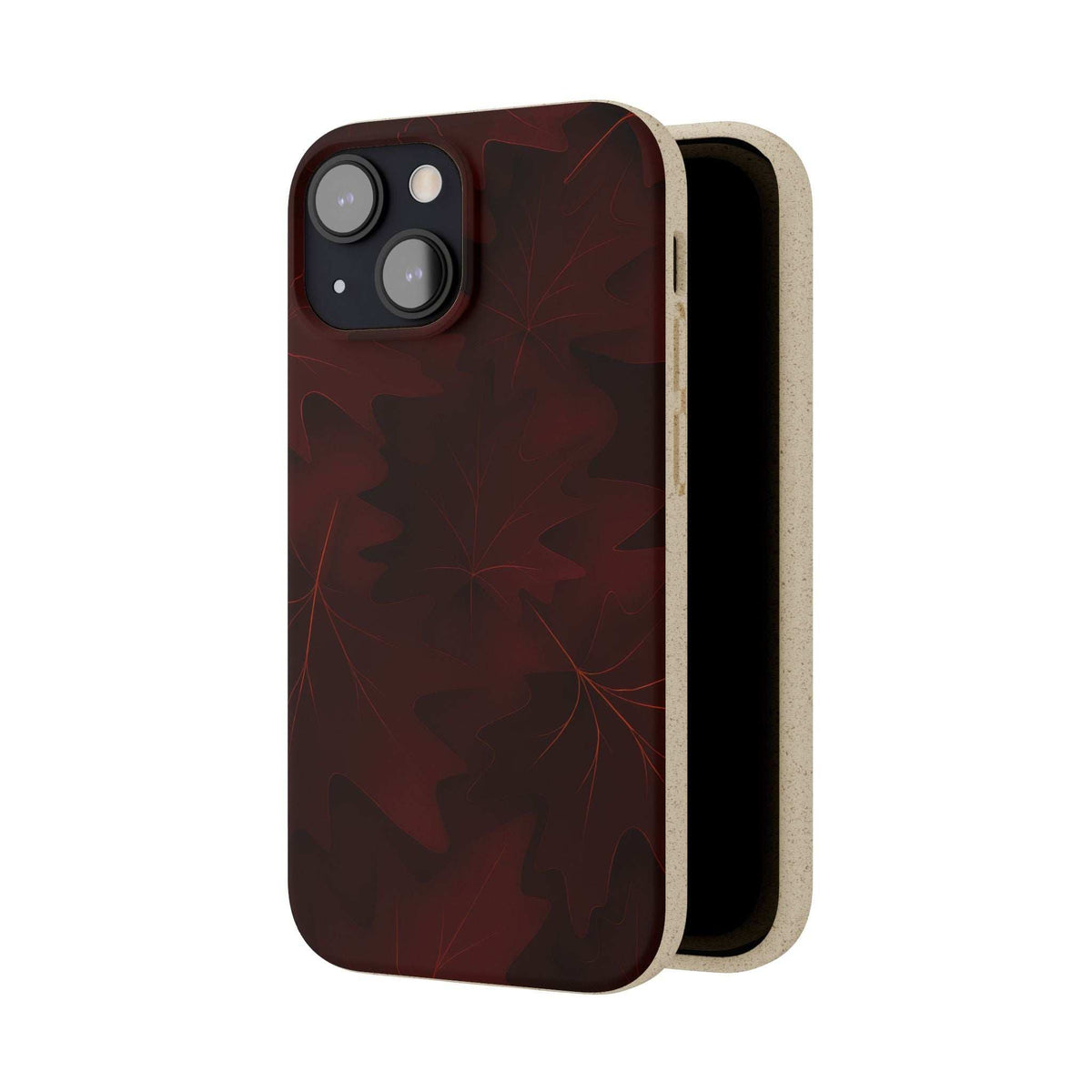 Phone case showing front view with dark red leaf design and light beige side
