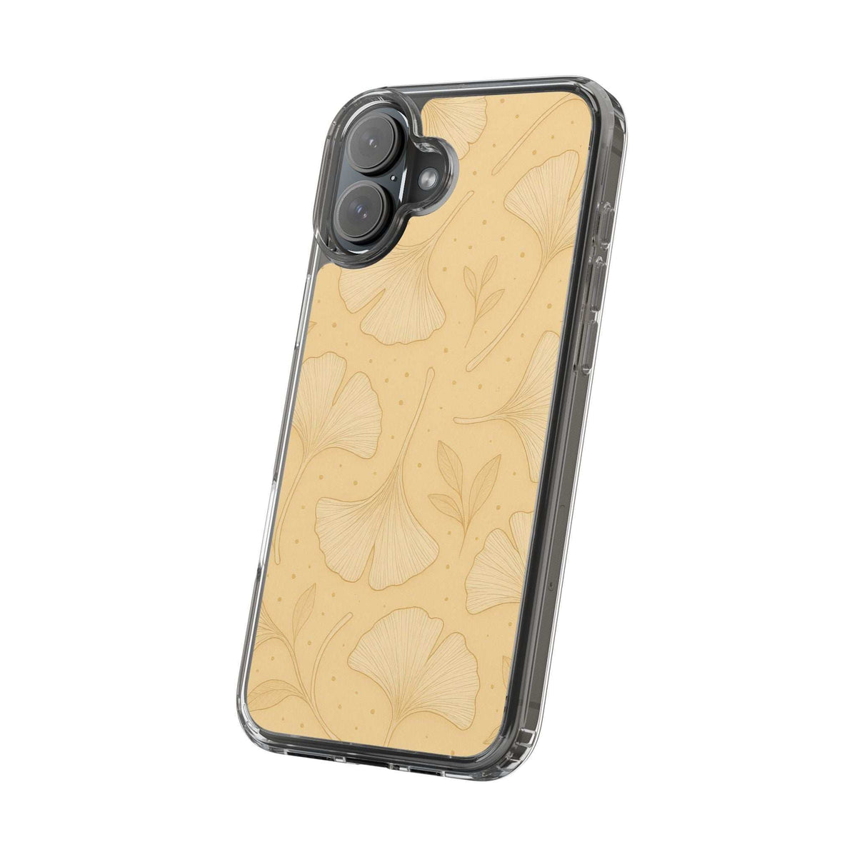 Angled beige ginkgo floral phone case with clear frame and camera cutouts