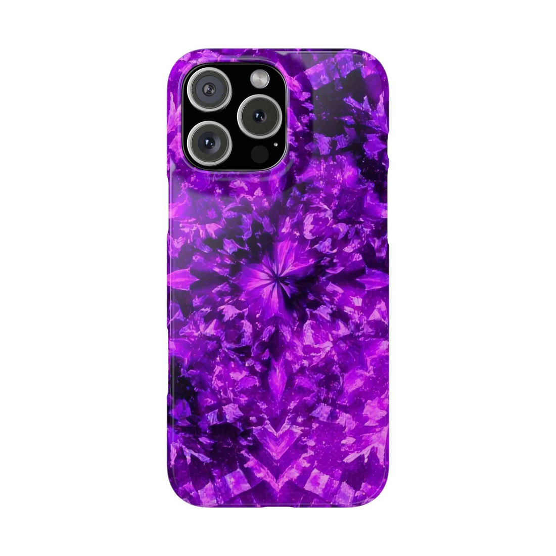 Purple kaleidoscope phone case with central starburst floral pattern and cutouts