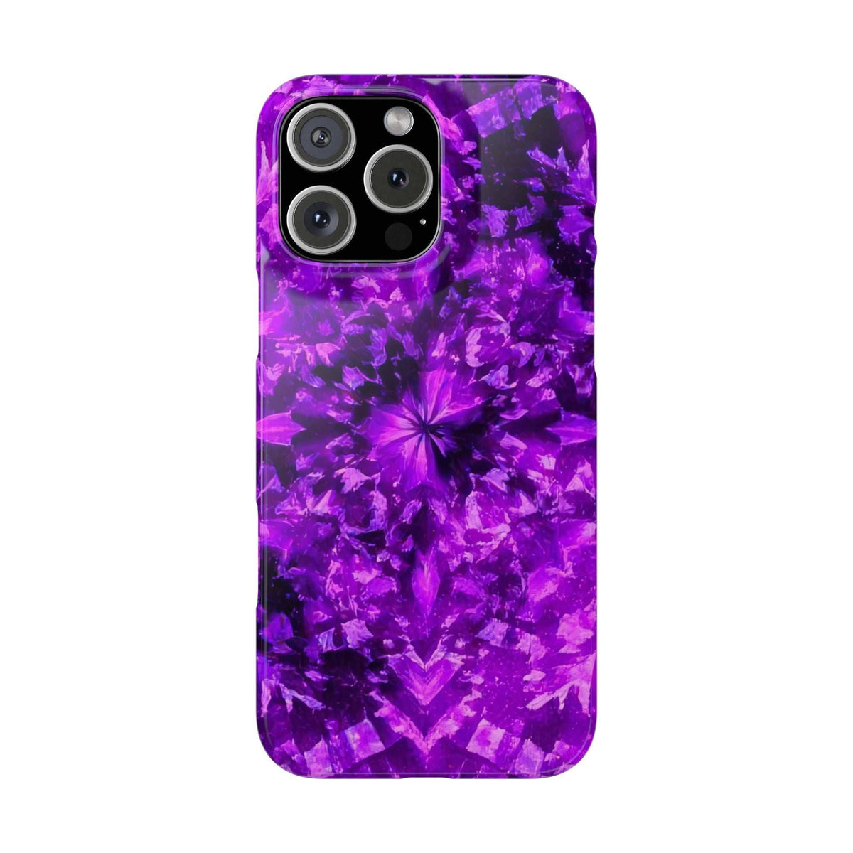 Purple kaleidoscope phone case, starburst floral design with camera openings