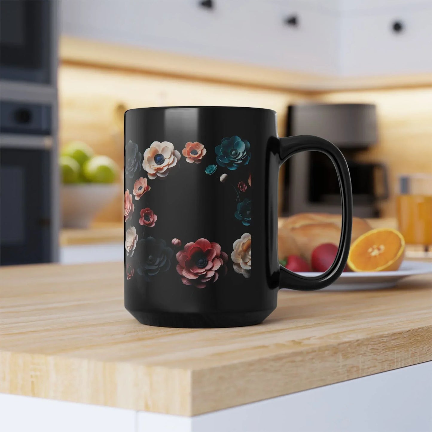Midnight Bloom – Elegant Black Ceramic Floral Mug - 15oz - KarArmDesign