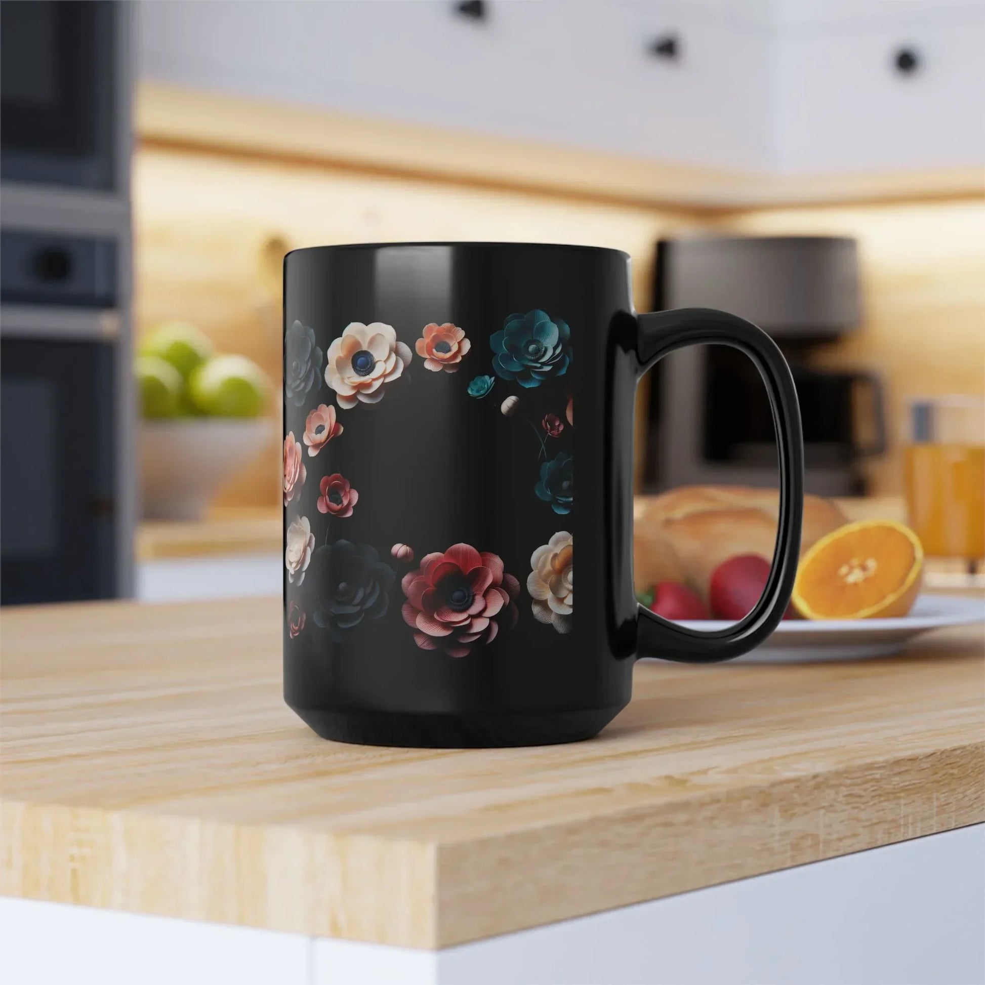 Midnight Bloom – Elegant Black Ceramic Floral Mug - 15oz - KarArmDesign