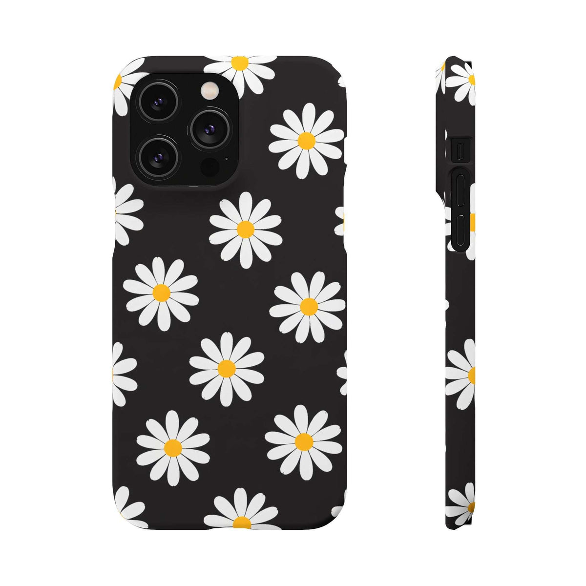 Black phone case with white daisies and yellow centers, front view with camera cutouts