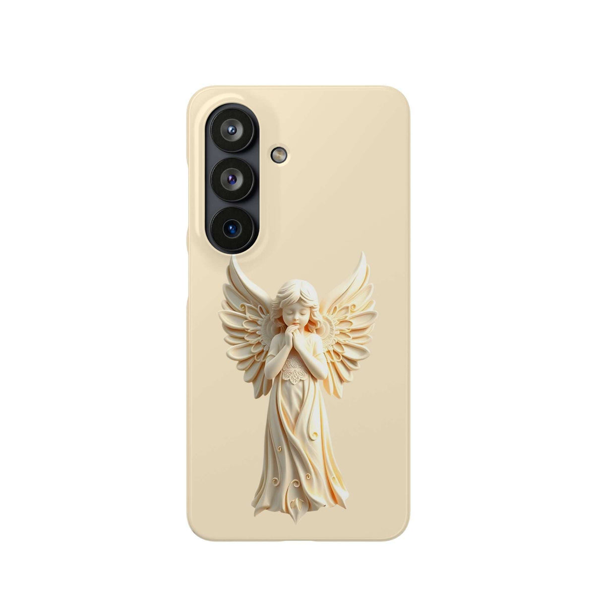 Cream phone case featuring a raised angel in wings, left camera cutout and flash dot