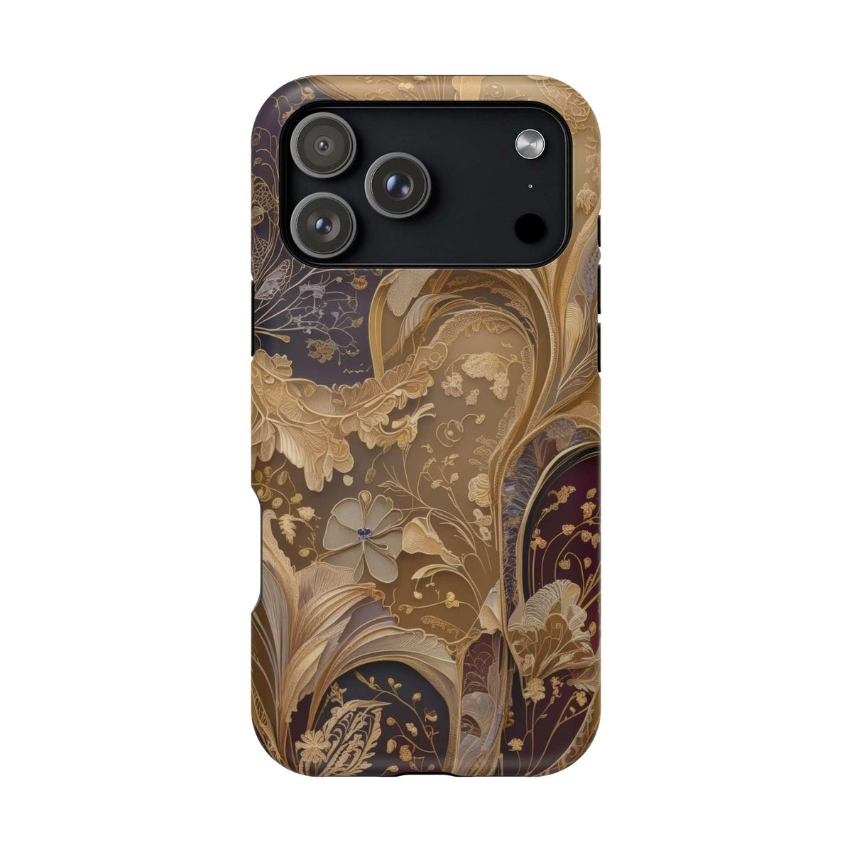 Botanical phone case with gold and tan floral pattern over dark brown, triple lens cutout