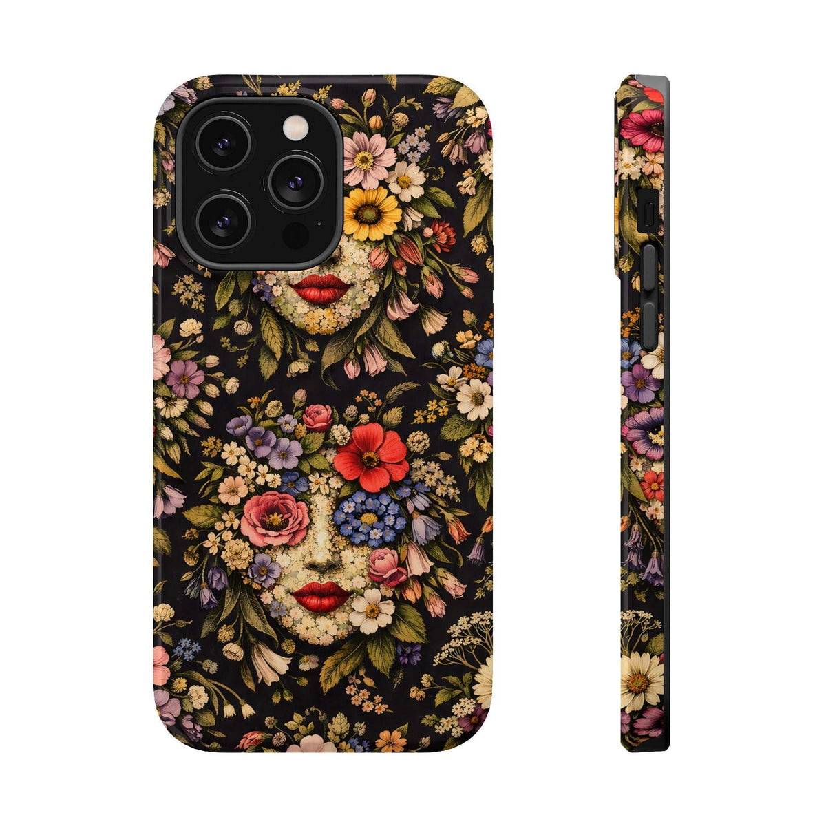 Floral face phone case, dark background, front view with lens openings