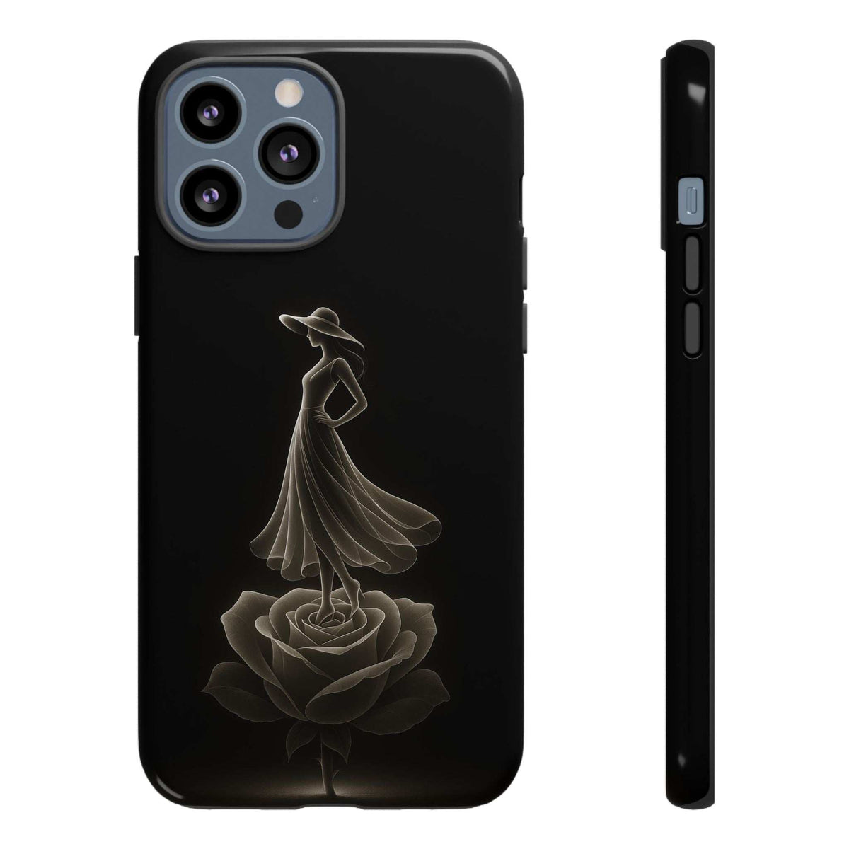 Glossy black phone case with floral dancer graphic and slim side profile