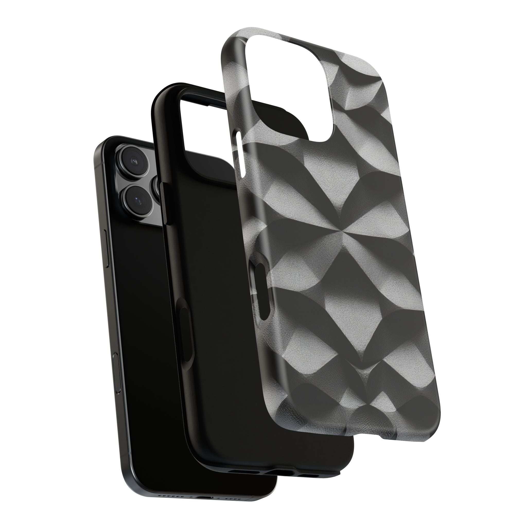 Tough phone case in black-gray geometric print, angled view with camera and side openings