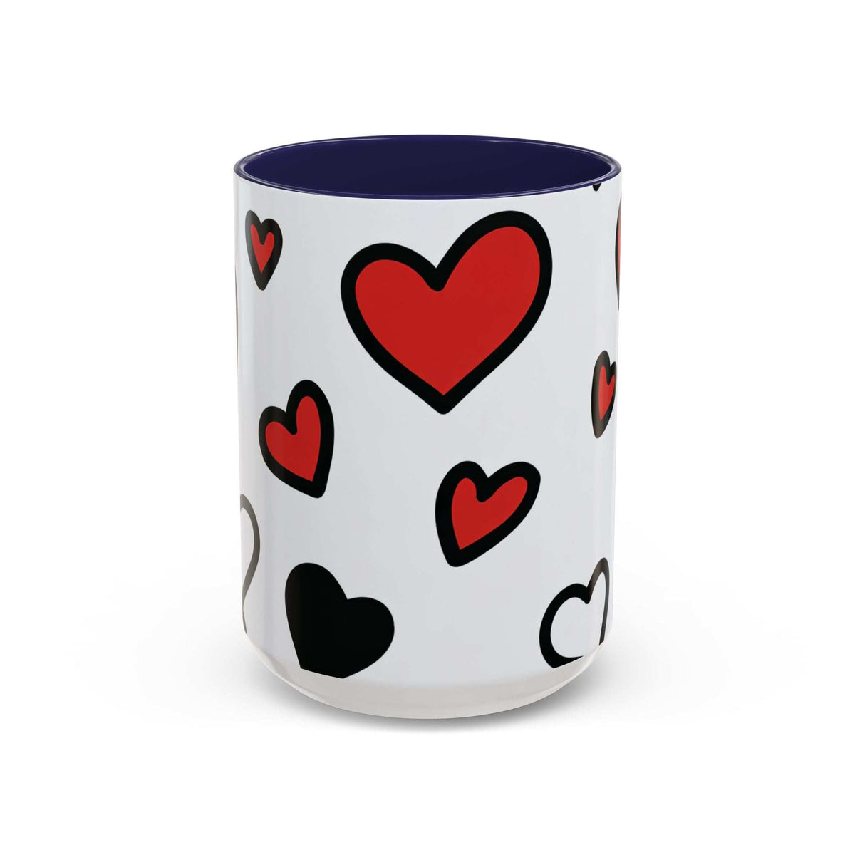 Love-themed accent coffee mug, white body with red hearts and purple interior
