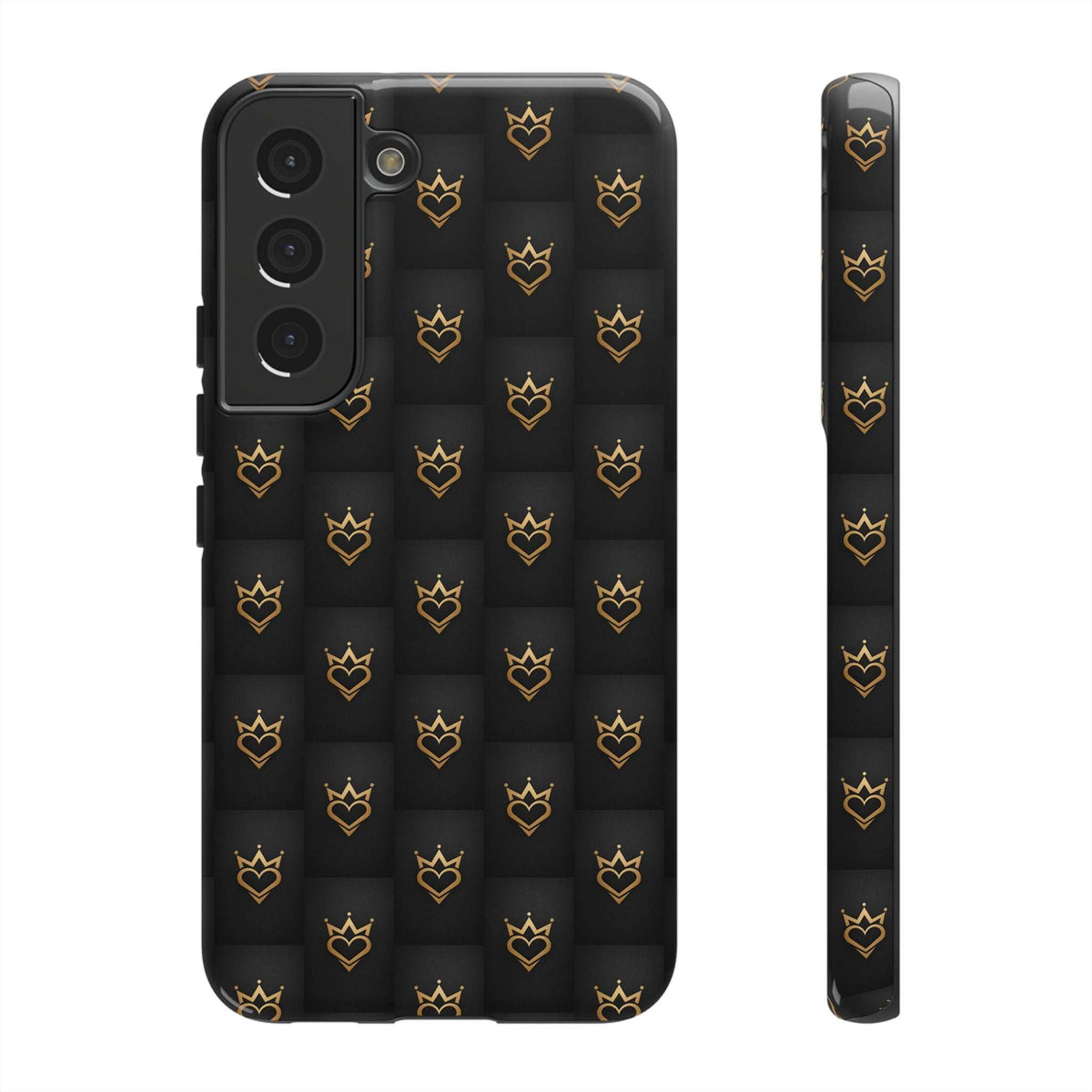 Glossy dark phone case with gold crown heart doodles, raised camera area and side cutouts