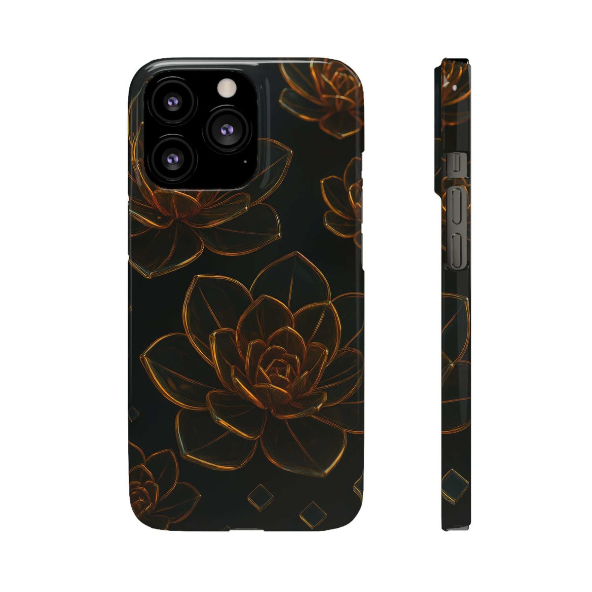 Glossy glass flower phone case, black background with orange flower outline; camera cutouts