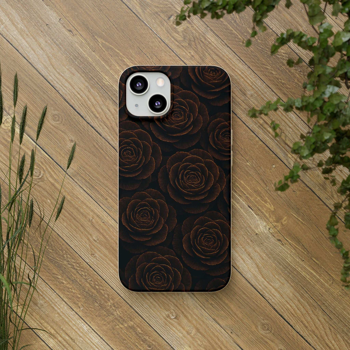 Wooden rose phone case with dark swirl rose pattern and camera cutouts