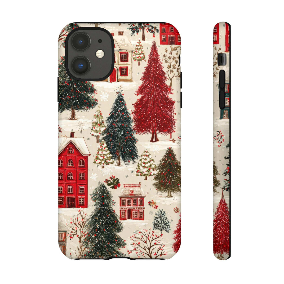 Winter village phone case with red buildings and evergreen trees, side edge with openings