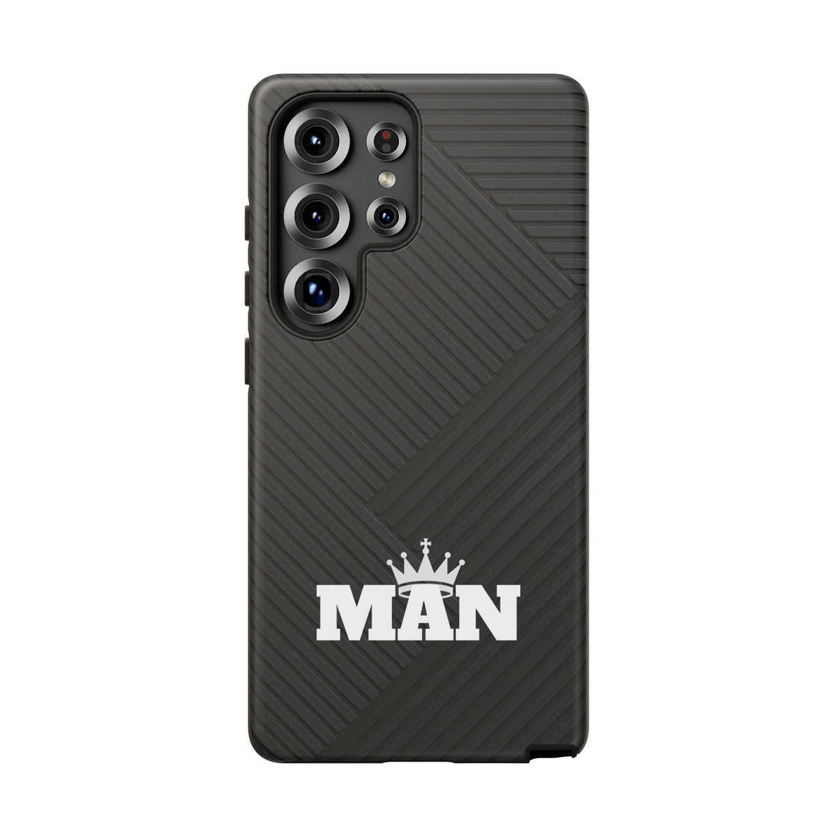 Black phone case with MAN logo, textured diagonal pattern, camera openings and cutouts