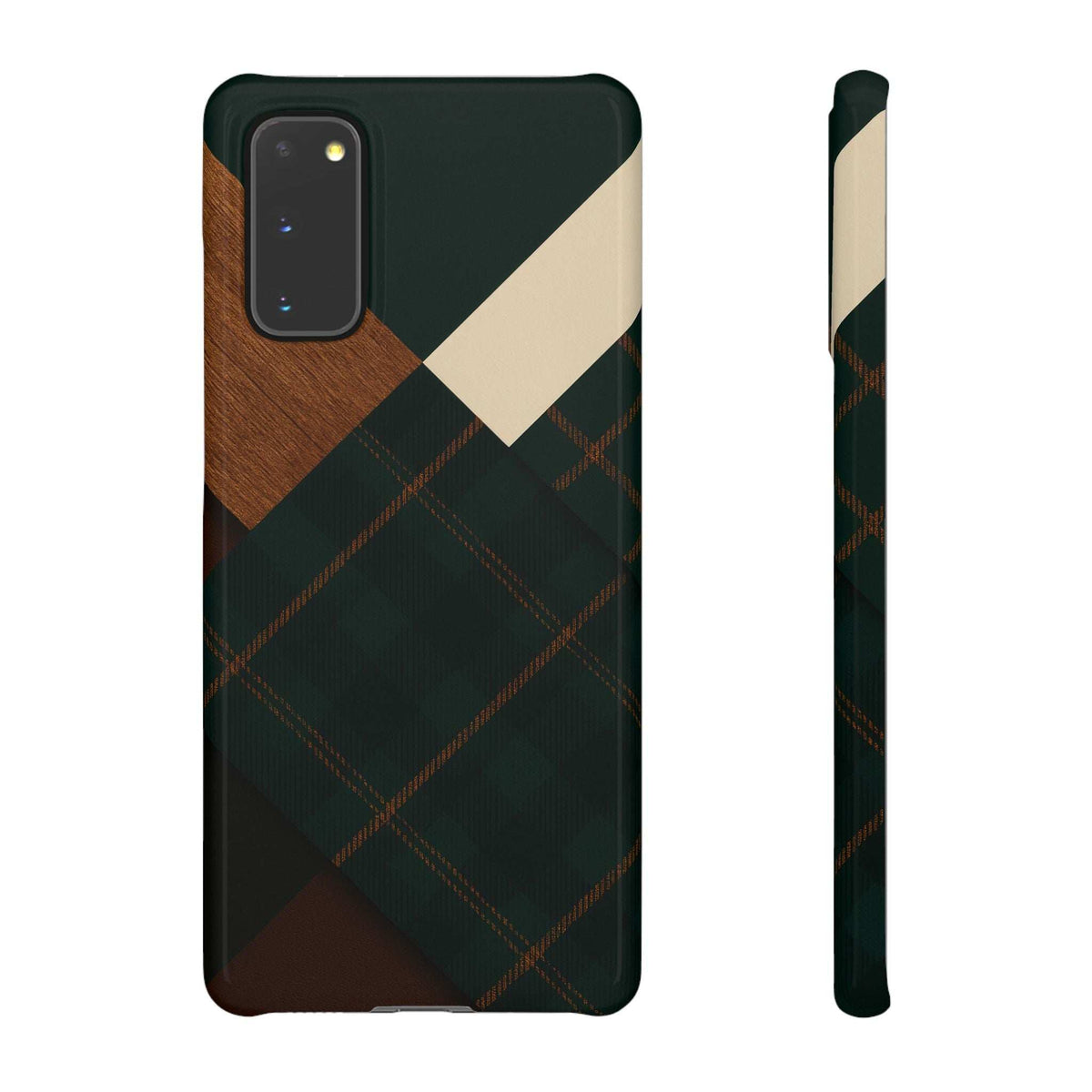 Rustic phone case with green plaid and tan wood-look panels, cream diagonal accent; slim side