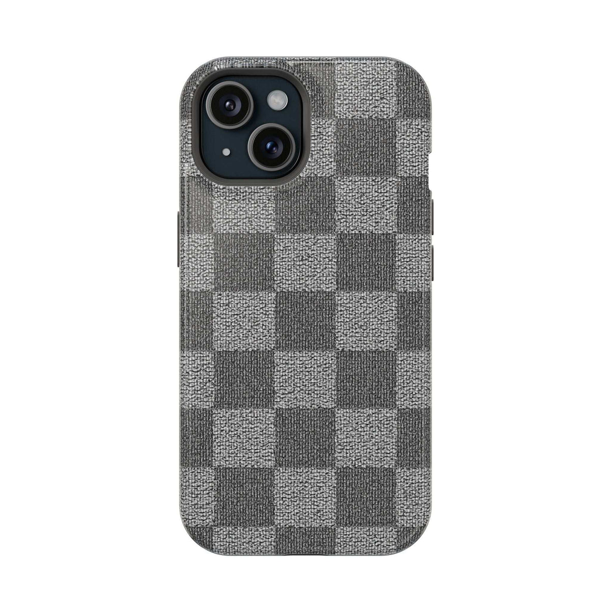 Gray checkered phone case front view with black camera plate and lens openings