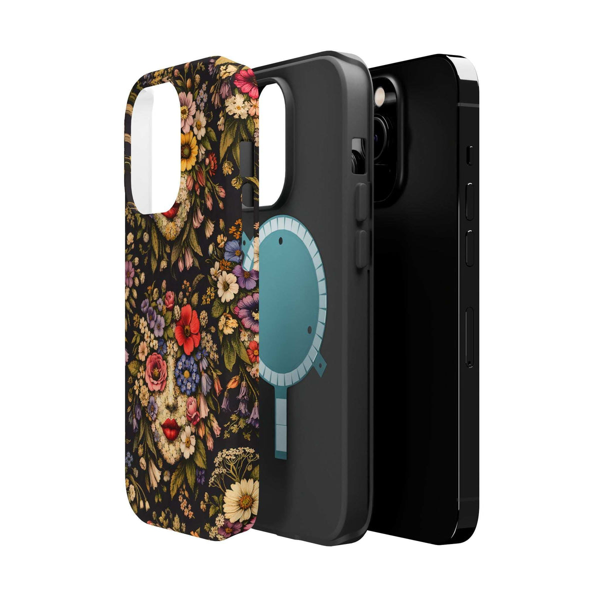 Floral vintage face phone case angled view; shows camera bump cutout and side ports.