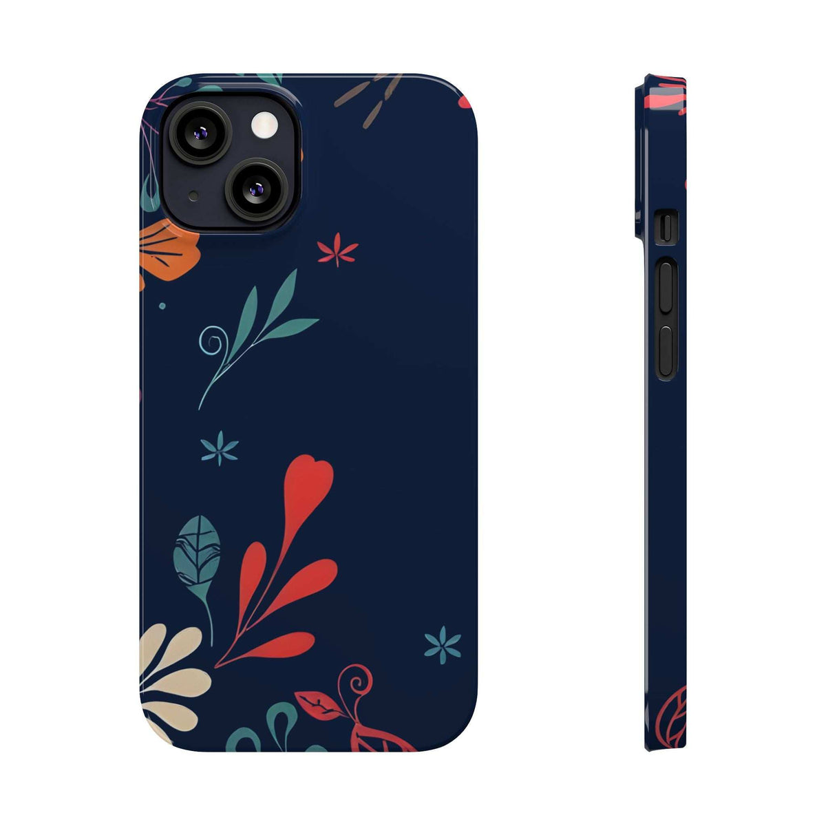 Navy phone case with red heart and illustrated plants, camera cutout and speaker/mic openings