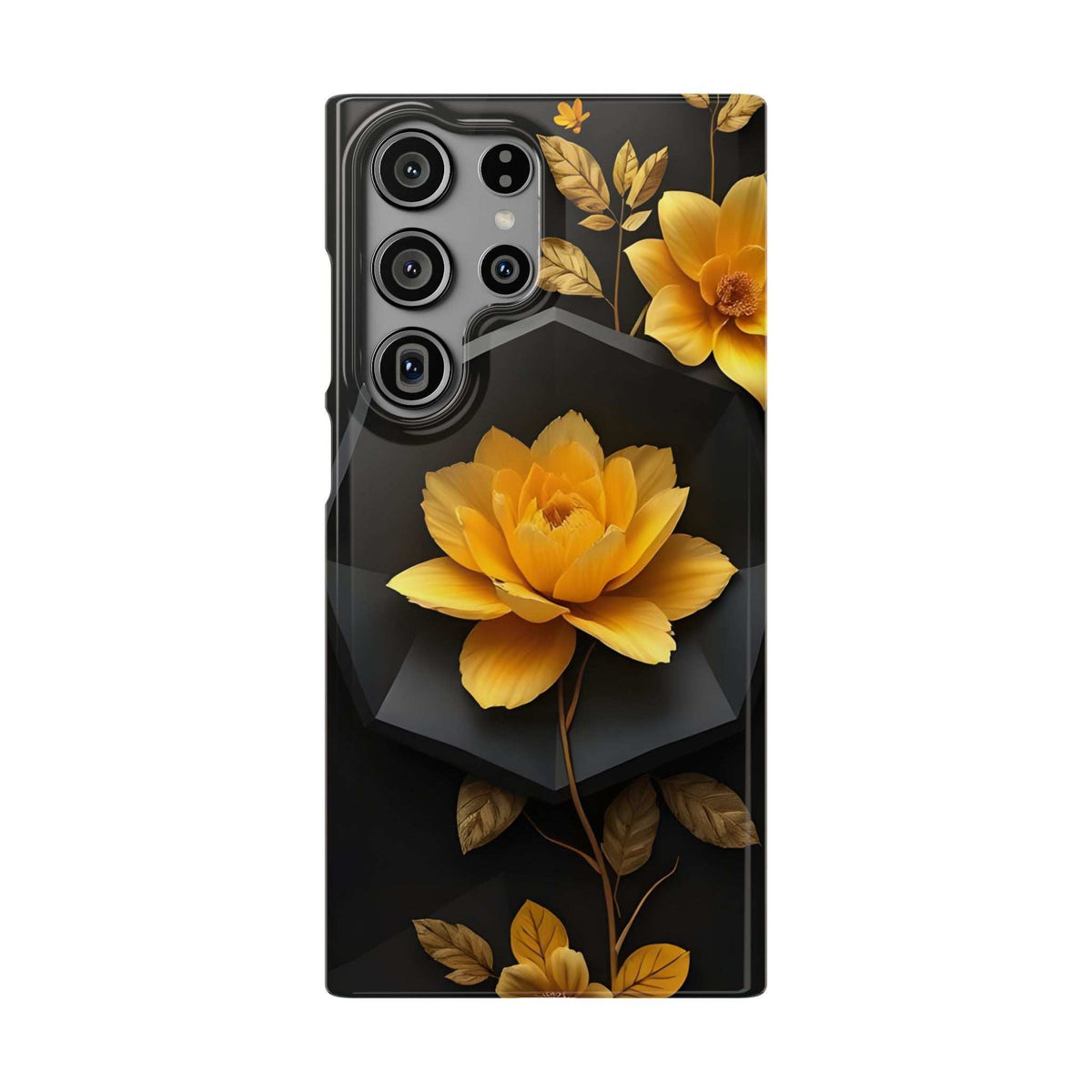 Black phone case with yellow blossom and gold leaf pattern, four-camera cutout view