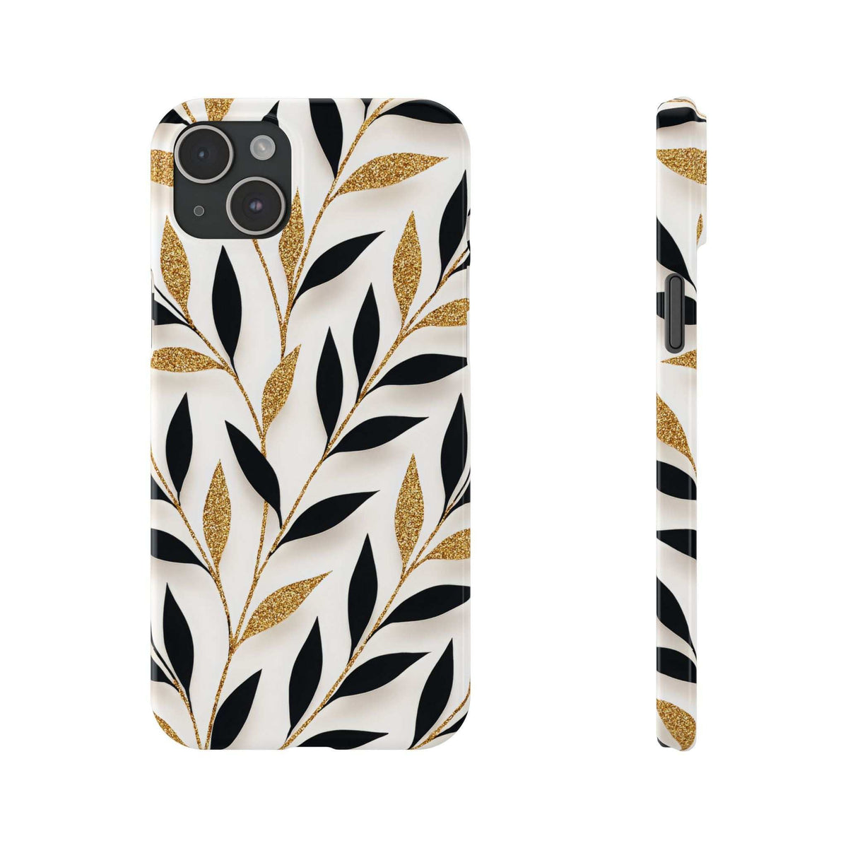 White phone case with black botanical sprigs and gold glitter leaf pattern; camera cutouts shown.