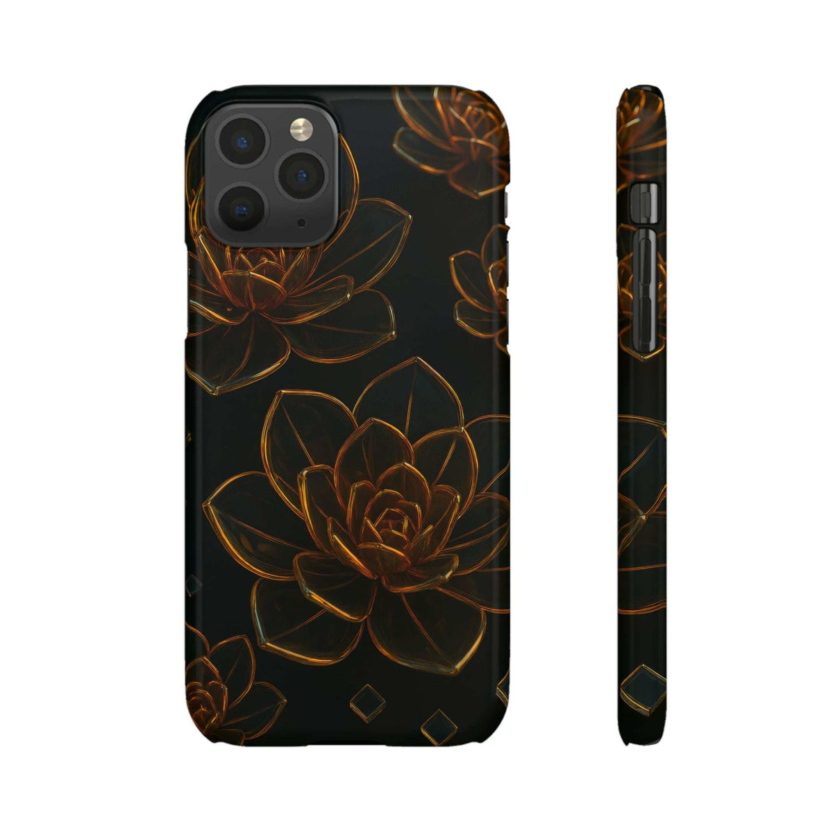 Glossy glass phone case with bronze flower art on black; front-back overlap and side view.