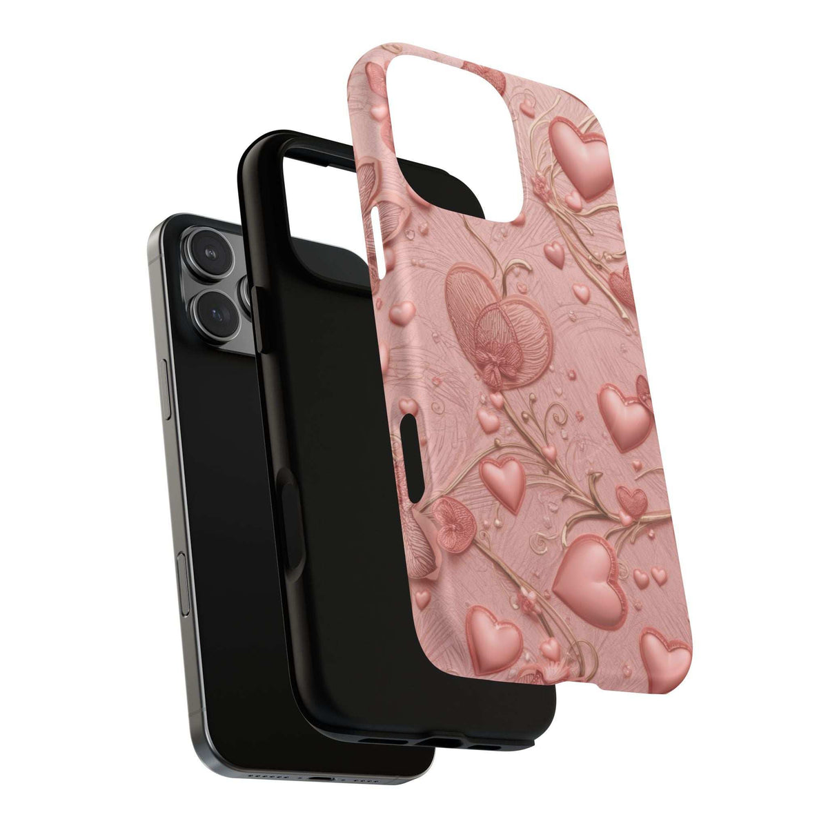 Pink phone case with raised heart and branch pattern, showing front and side cutouts
