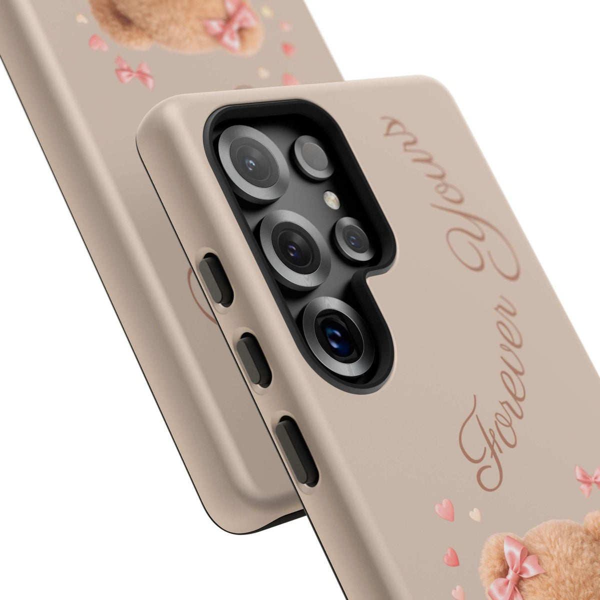 Beige phone case with teddy bear, hearts, and camera cutouts for Samsung Galaxy S20–S26