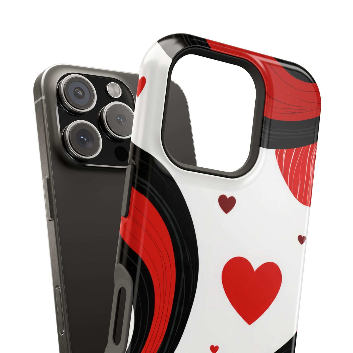 Phone case front view with big red heart and red-and-black waves on white background.