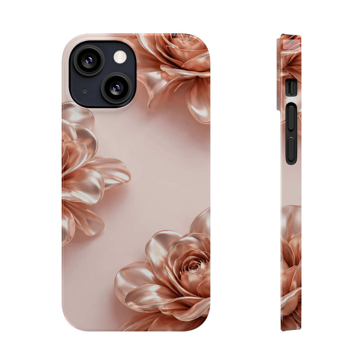 Blush phone case with metallic flower pattern, side profile with speaker and button openings