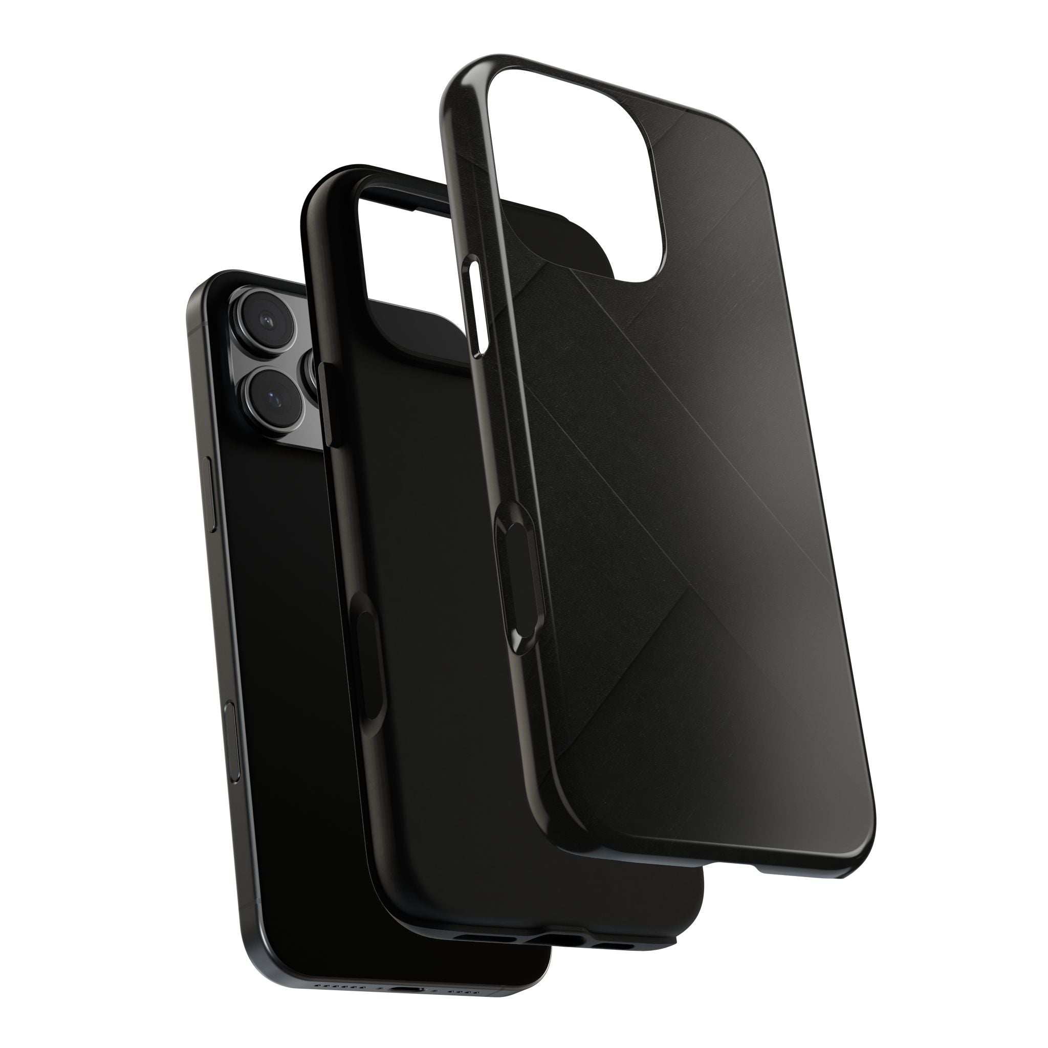 Matte black phone case shown from front and back; diagonal lines on a slim shell.