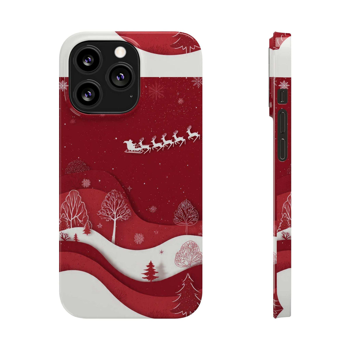 Festive winter phone case front and side: red snowy scene with sleigh artwork and tree graphics.