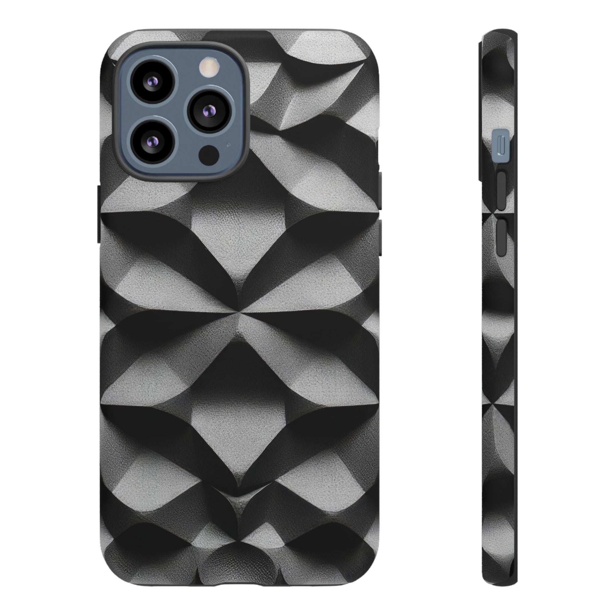 Black rugged case with silver geometric diamond texture; full device camera cutouts visible
