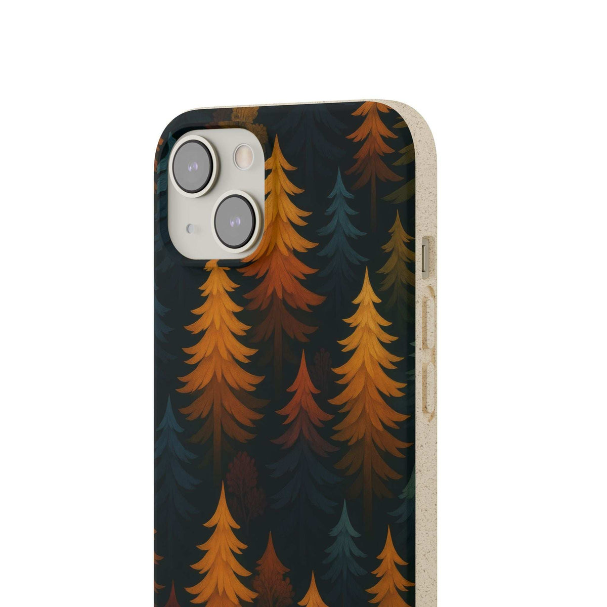 Biodegradable phone case with pine tree pattern and dual camera cutouts; light speckled edge