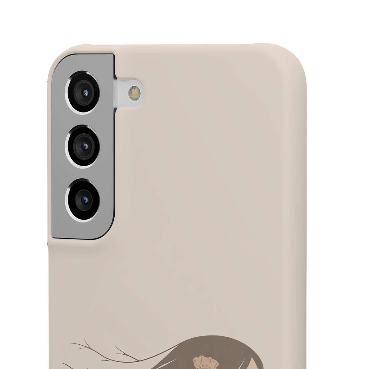 Beige phone case with light-gray camera panel and flower-and-vine graphic on back