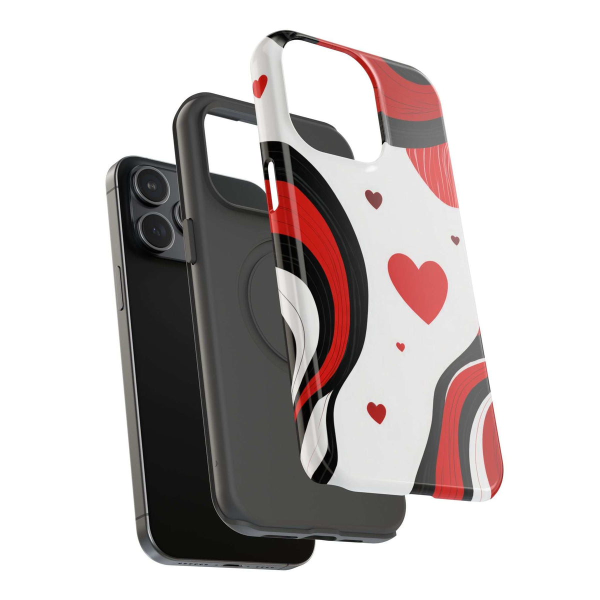 Protective phone case with red heart and wave graphics; camera openings and bumper