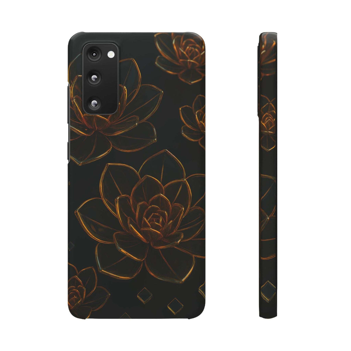 Glossy glass flower phone case, black with orange floral line patterns; camera cutouts and side