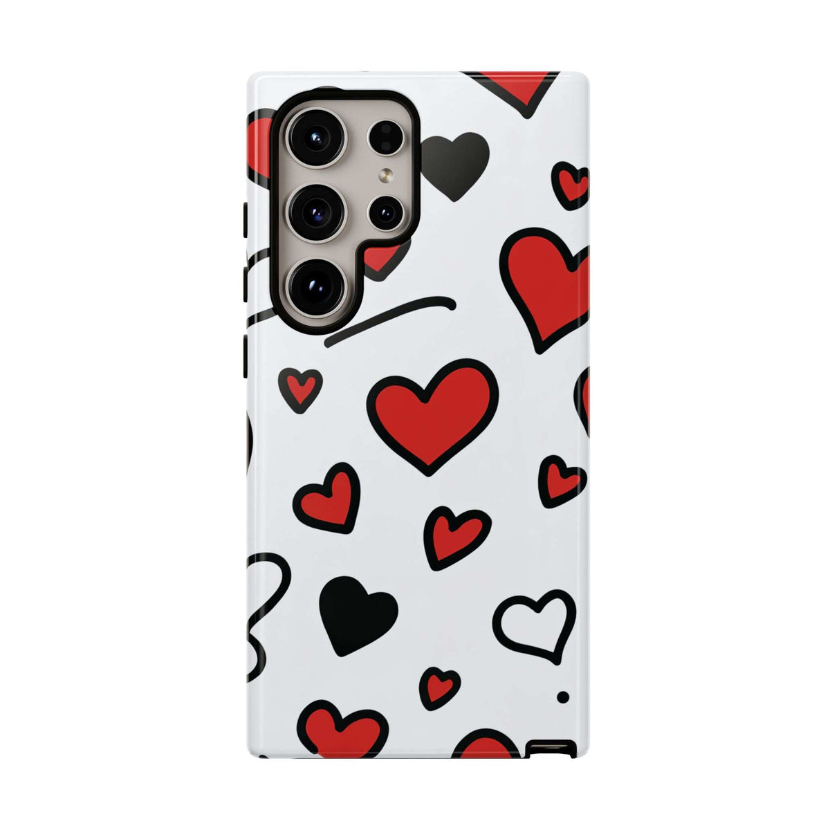 Heart-pattern phone case with red and black hearts on white; multi-camera cutout