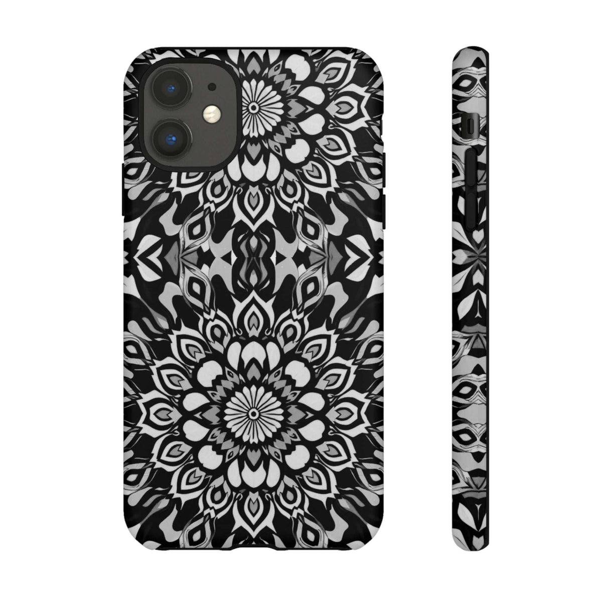 Mandala phone case with black-and-white floral mandala artwork and precise camera cutouts