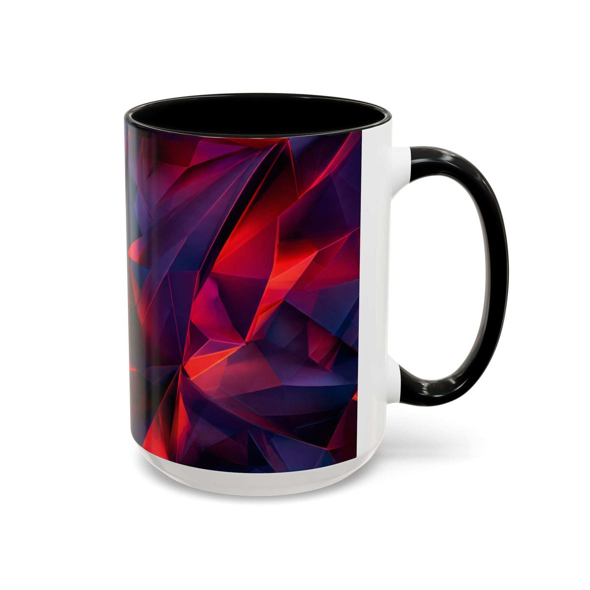 Ceramic mug with black rim and handle, abstract red and blue geometric pattern with white side panel.