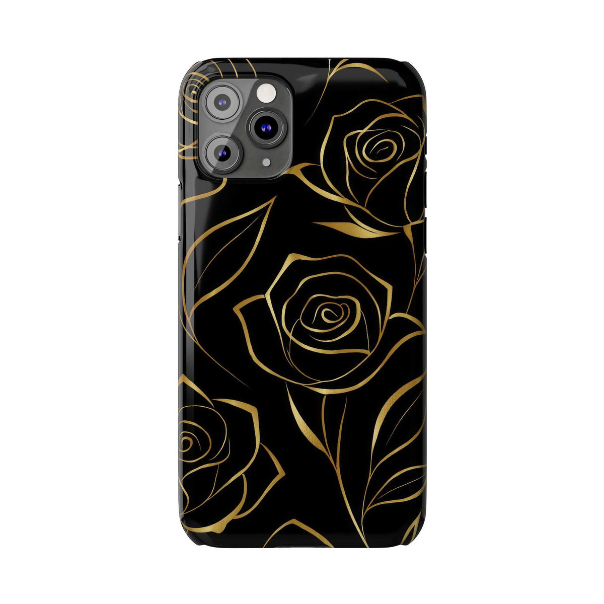 Black phone case with gold rose outline pattern and multi-camera cutouts