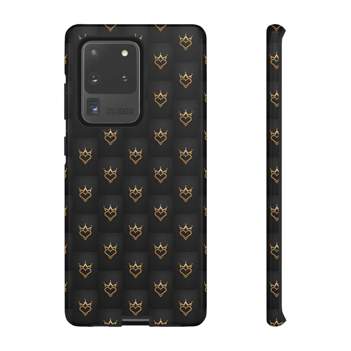 Black phone case with gold crown and heart pattern, back view and side edge
