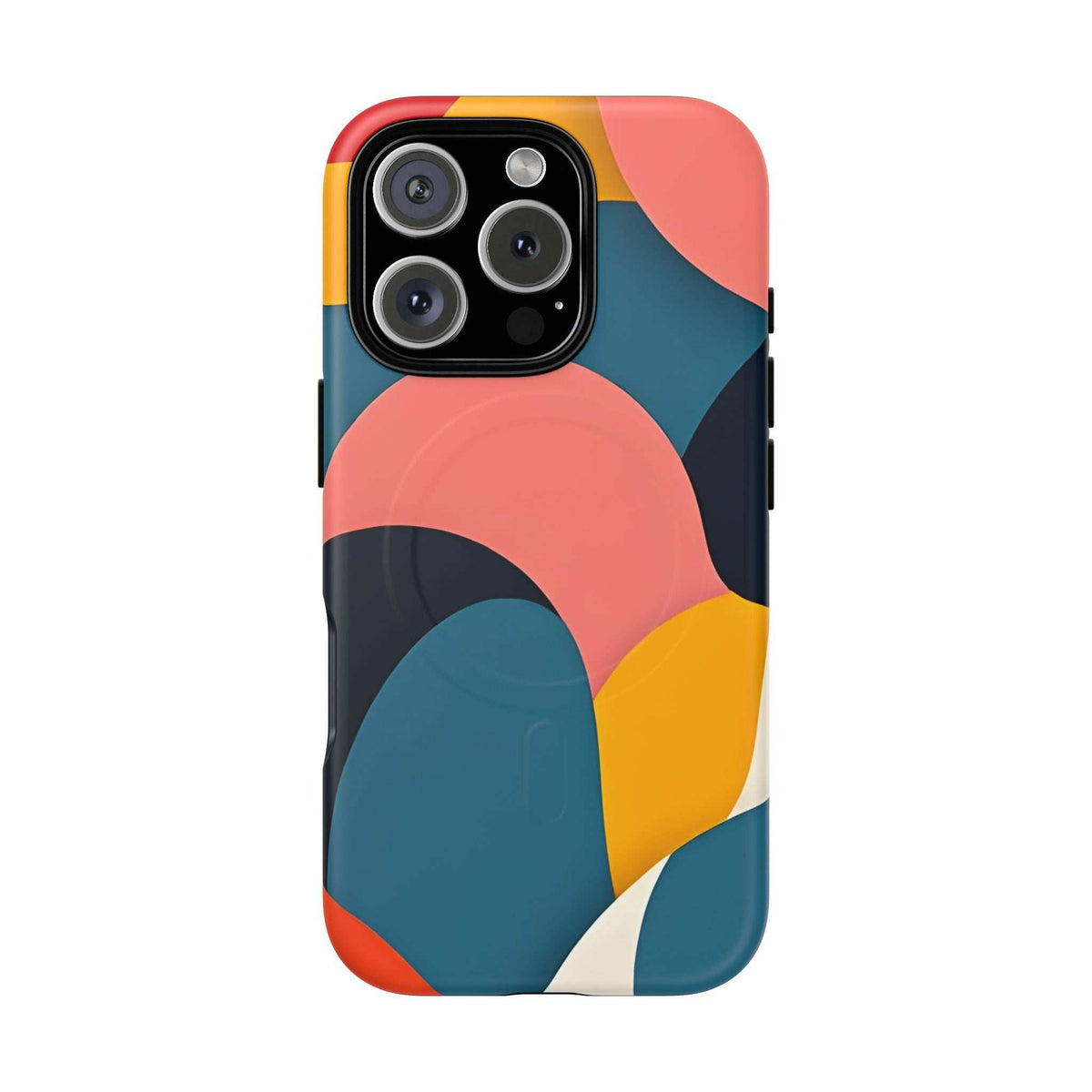 Colorful abstract iPhone phone case with coral arcs, teal curves, yellow accents and triple camera cutout