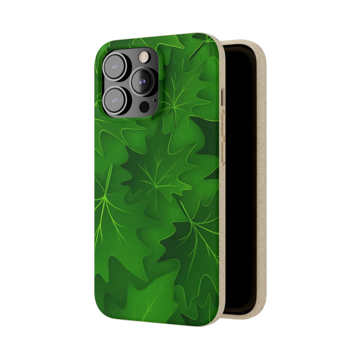 Green botanical phone case with camera cutout and beige edge; slim shell