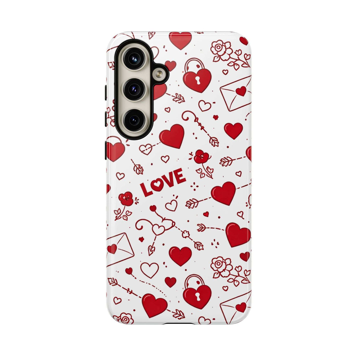 Glossy white phone case with red heart and love doodle print; raised camera bump